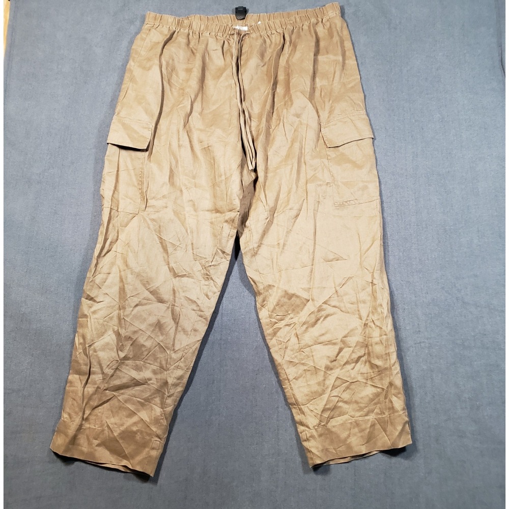 Toto n Ko Cargo Pants Women 1X Tan Brown 100% Linen Elastic Waist Drawstring
